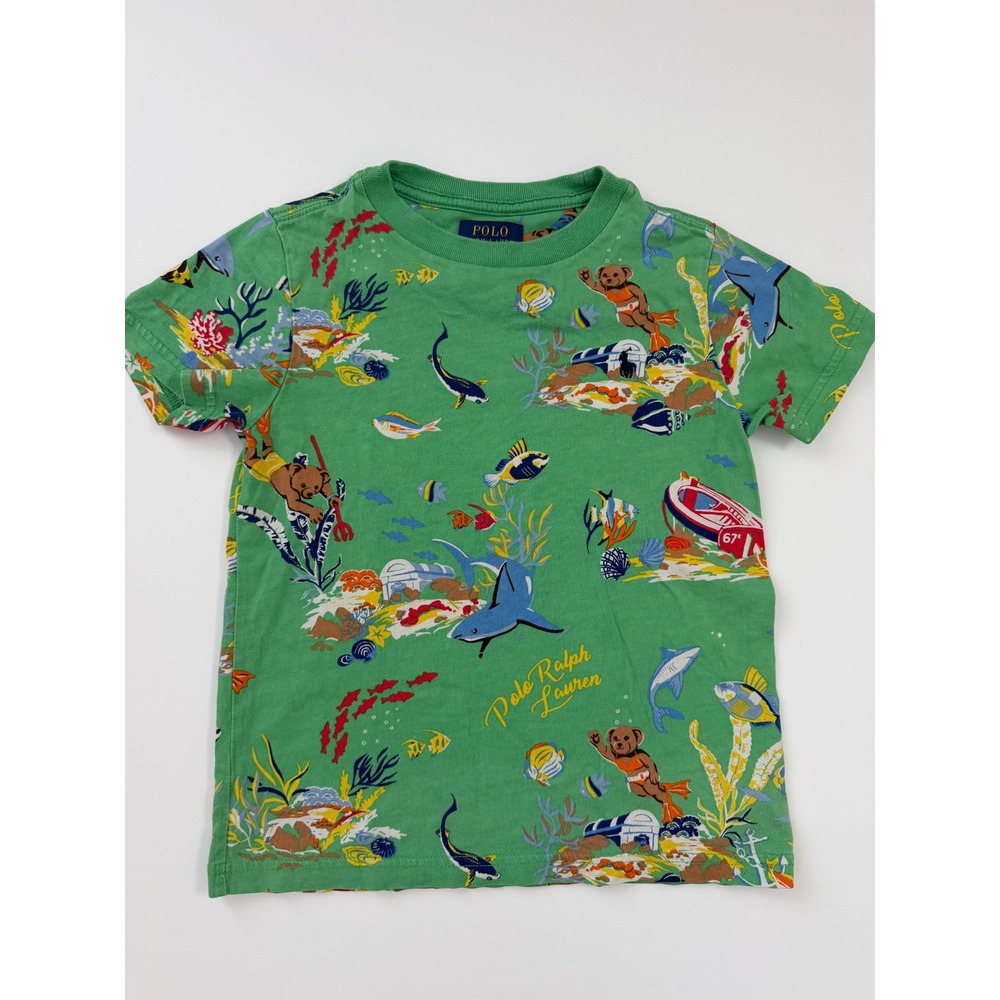 Polo Ralph Lauren Boys Green Polo Bear Scuba Shark Underwater T-Shirt Size 5